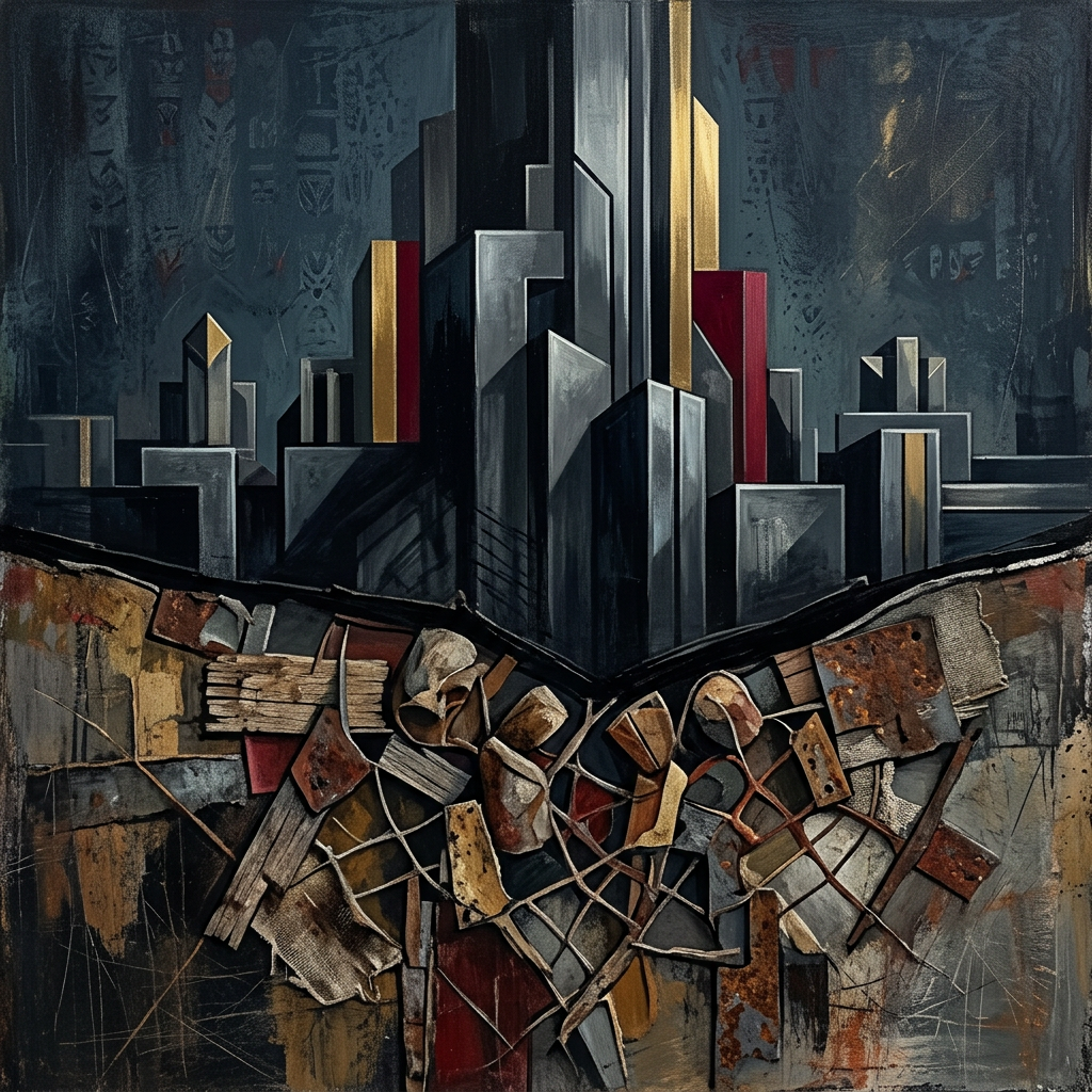 Abstract city skyline with metallic and rusty textured base