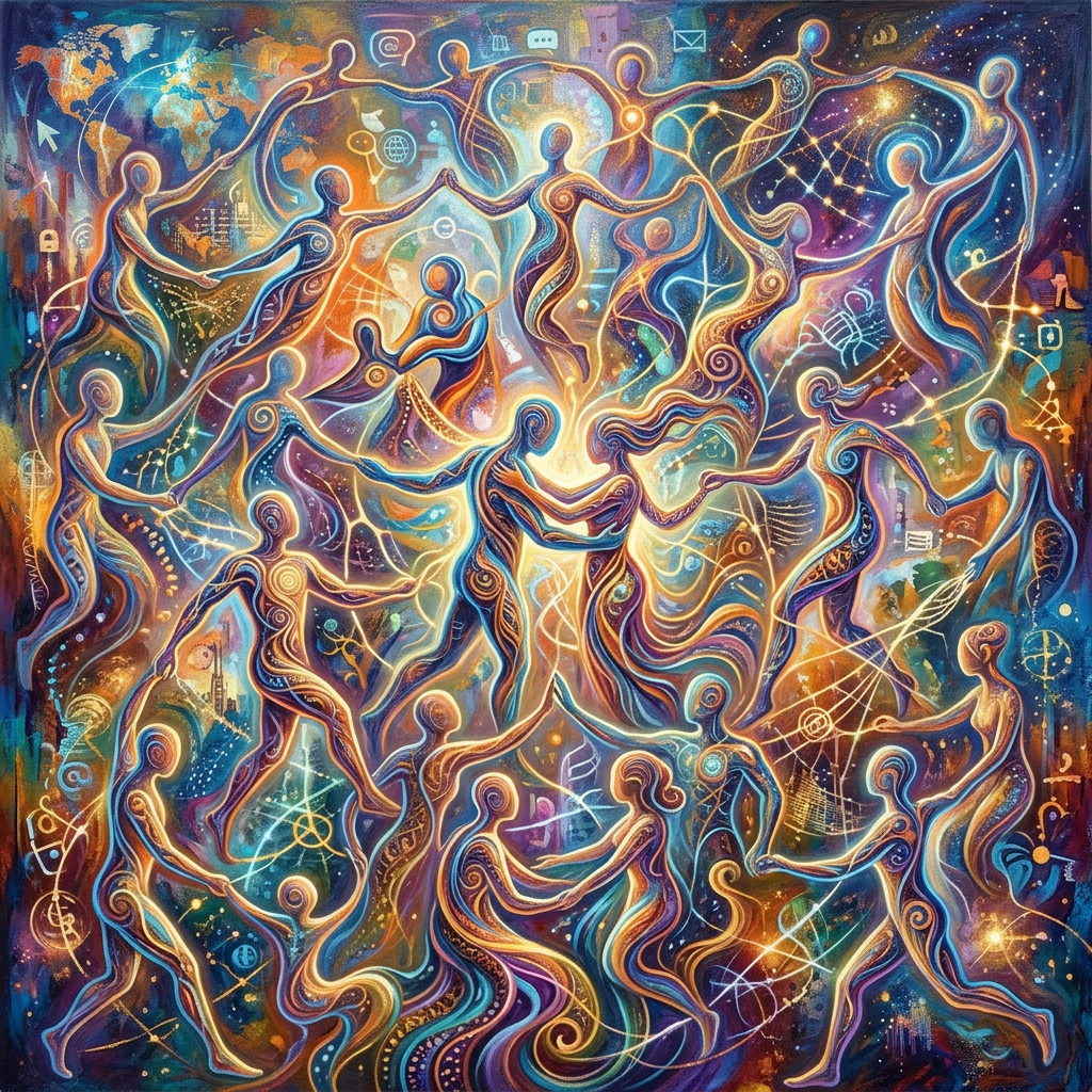 Abstract human figures connected in a glowing cosmic dance with swirling lines and symbols