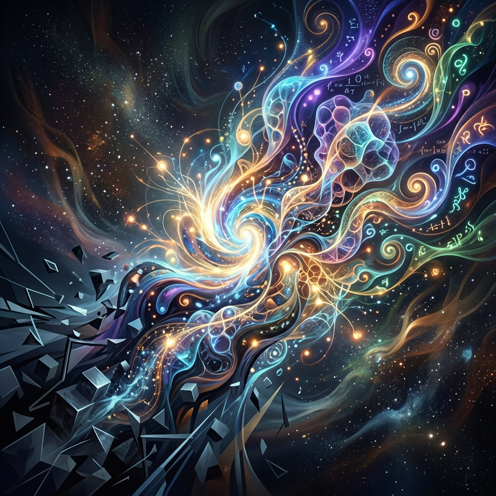 Swirling cosmic energy with glowing mathematical formulas and geometric fragments